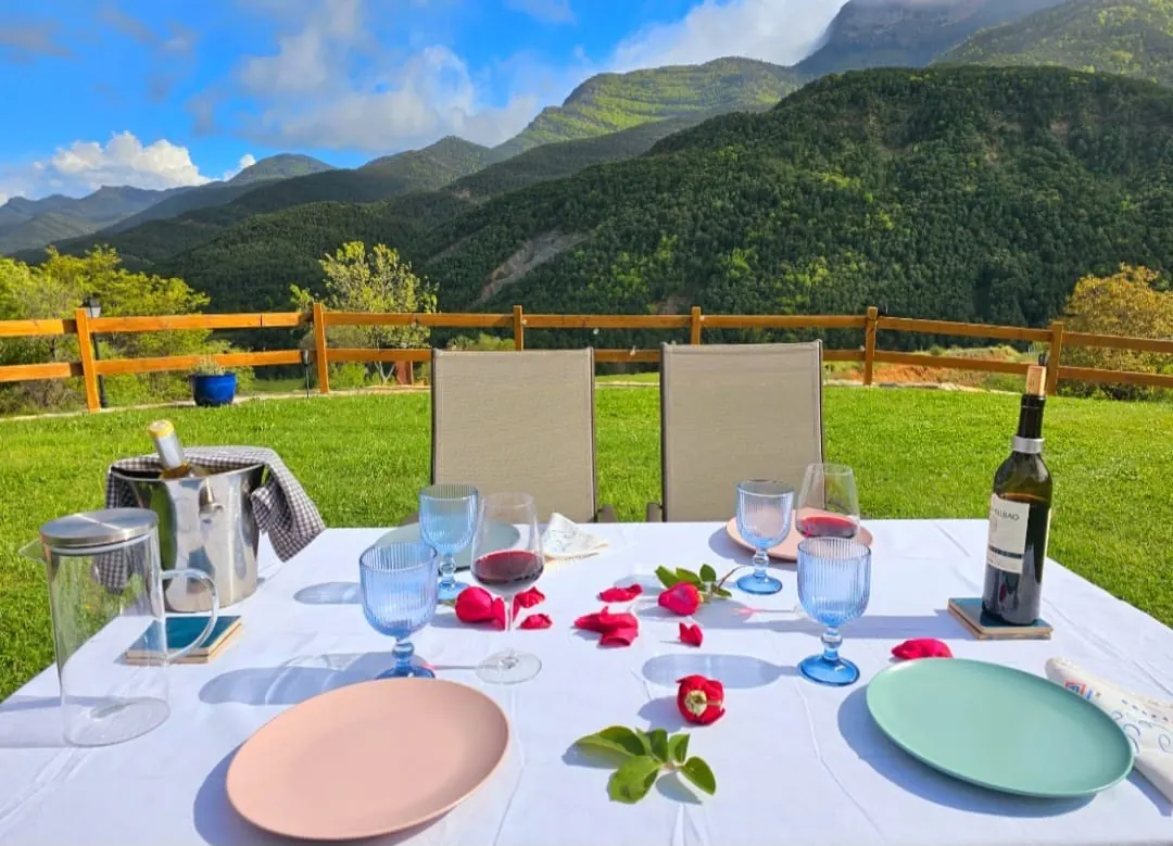 Mesa con vino y vistas al valle