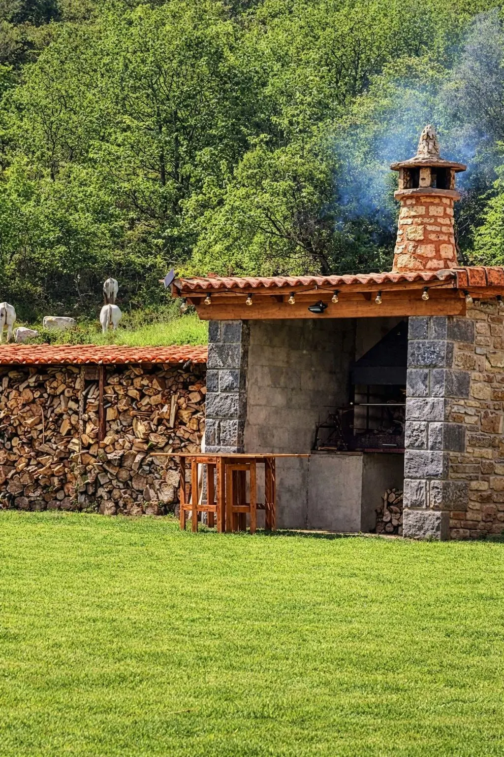 Barbacoa y horno de piedra con leñero en la era